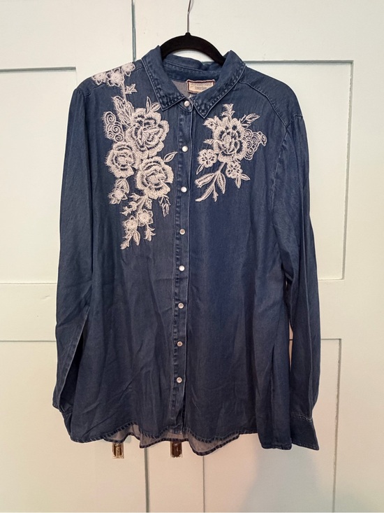 Johnny Was Tops - Johnny Was Blue Denim Shirt with White Embroidery